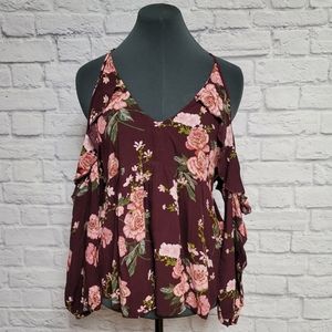 American Eagle V-neck Ruffle Cold Shoulder Top - Burgundy Floral - Size Sm